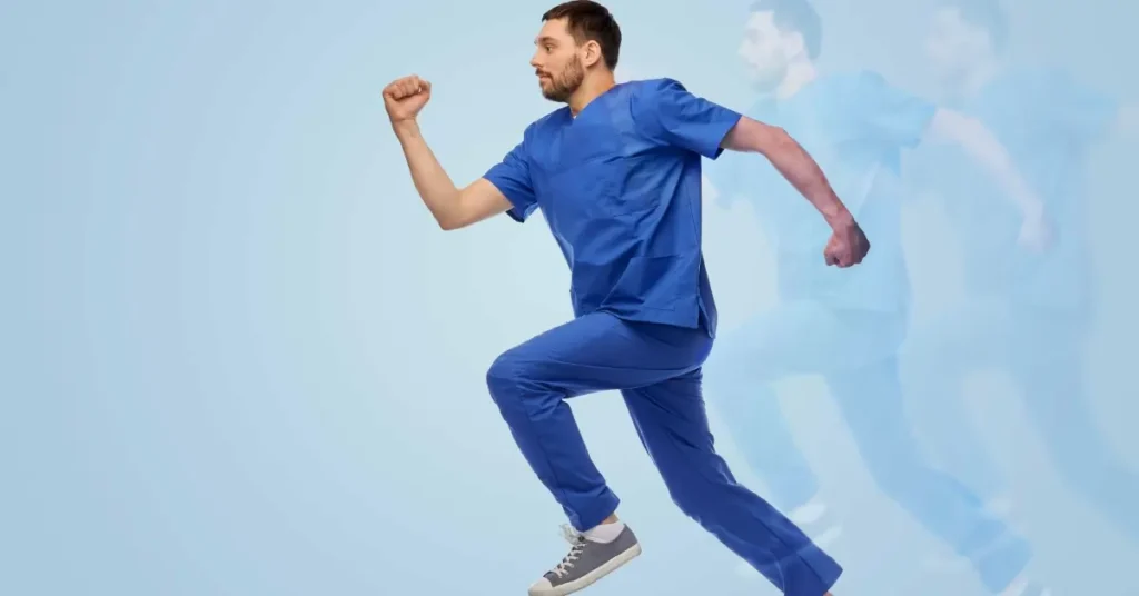 doctor in blue scrubs running