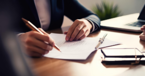 Lawyer sitting at a desk signing a document.