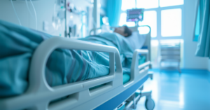 A patient lies on a hospital bed.