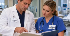 doctor and hospital employee reviewing document